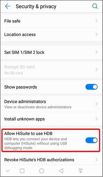 Permitir que HiSuite use ADB