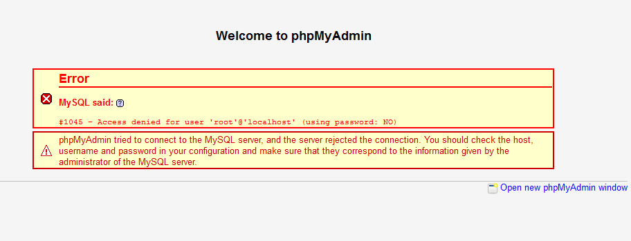 phpMyAdmin utiliza la entrada de contraseña automática, por lo que el error va acompañado de (Uso de la contraseña: NO)